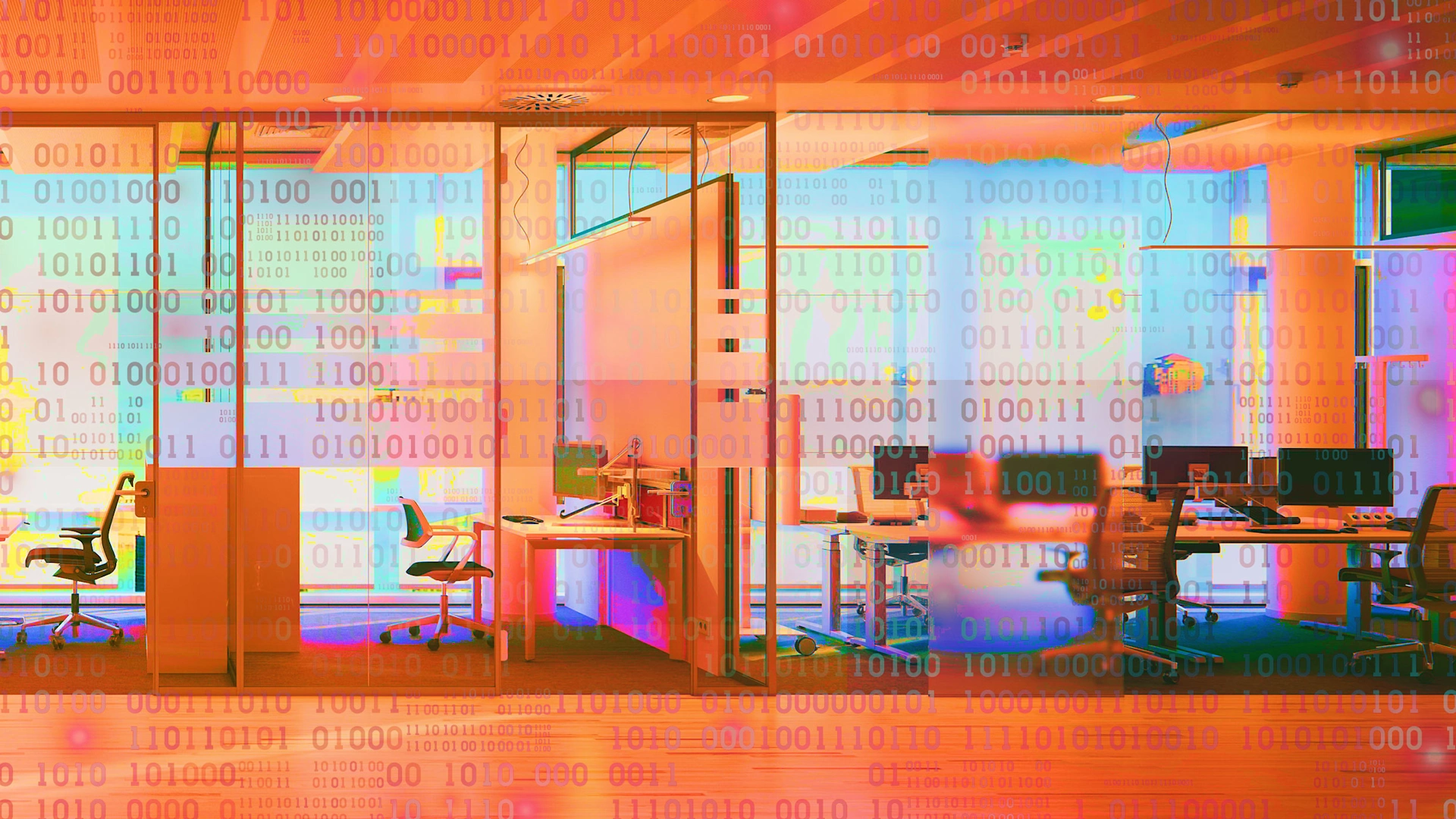 Abstract office workspace with binary overlay representing AI and modern work